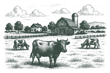 Vintage farm landscape with cows grazing in the field and barns in the background, hand-drawn engraving style. © Chairul