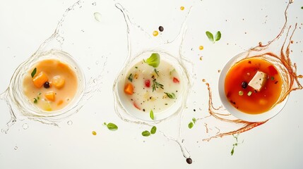 47.A detailed composition of three soups splashing on impact, with individual ingredients visibly falling and creating dynamic arcs of liquid in mid-air against a crisp white background.