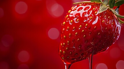 29.A dramatic drip of thick strawberry syrup flowing diagonally, with tiny seeds adding detail and texture. The glossy, bright red surface creates a bold and enticing composition.