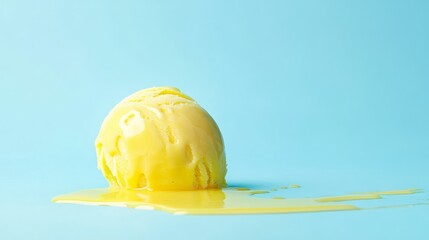 23.A dynamic image of a melting yellow ice cream scoop on a pastel blue surface, with glossy streaks spreading outward. The vivid colors and minimalist composition evoke summer fun and warmth.