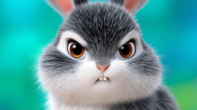 Close up of an angry looking cartoon rabbit with sharp teeth