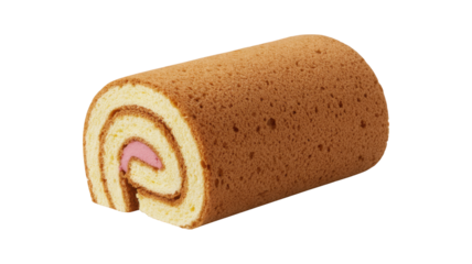 Golden sponge cake roll with pink cream filling isolated on a transparent background sweet dessert