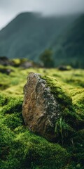 Close Up of a Tan Stone on Lush Green Moss with a Blurred Mountain Background.