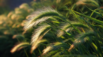 Close Up of Green Grass Seed Heads Swaying in Gentle Breeze at Sunset.