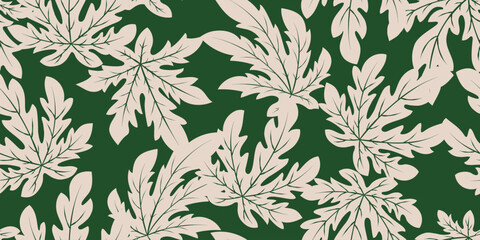 Fototapeta premium Hand drawn papaya leaves seamless pattern in white and green colors. Exotic tropical floral pattern design for fabric, wrapping, decoration and background.