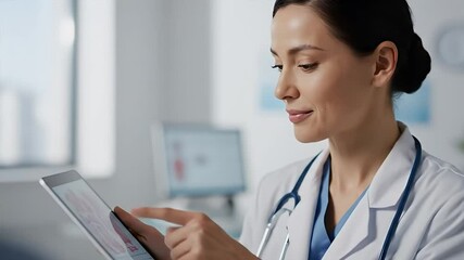 A female doctor attentively reviewing medical data on a digital tablet. - Powered by Adobe