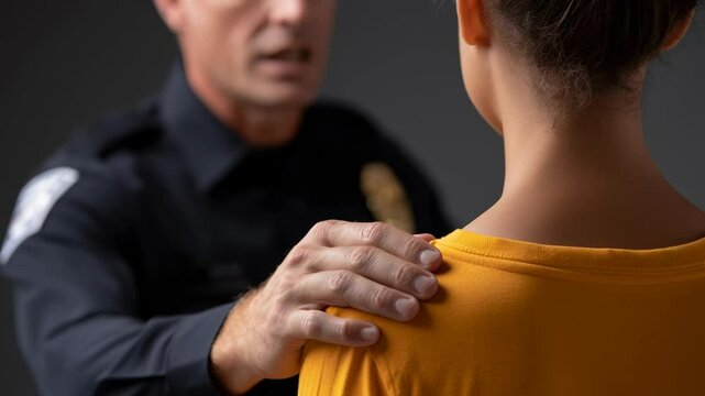 Police officer hand shoulder showing community support and positive policing interaction with uniformed law enforcement promoting trust safety