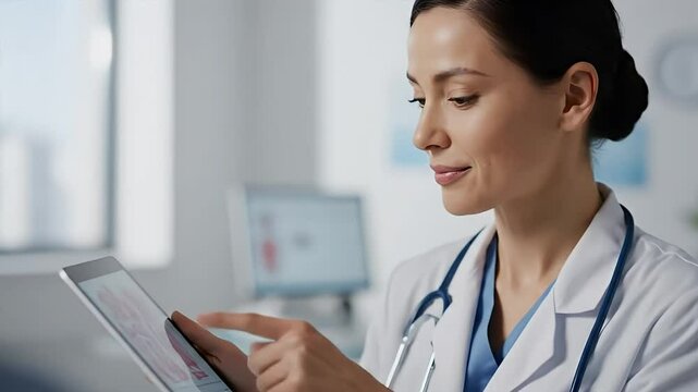 A female doctor attentively reviewing medical data on a digital tablet. - Powered by Adobe