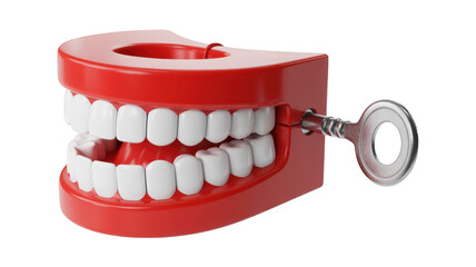 Red wind up chattering teeth with silver key isolated on a transparent background windup