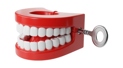 Red wind up chattering teeth with silver key isolated on a transparent background windup
