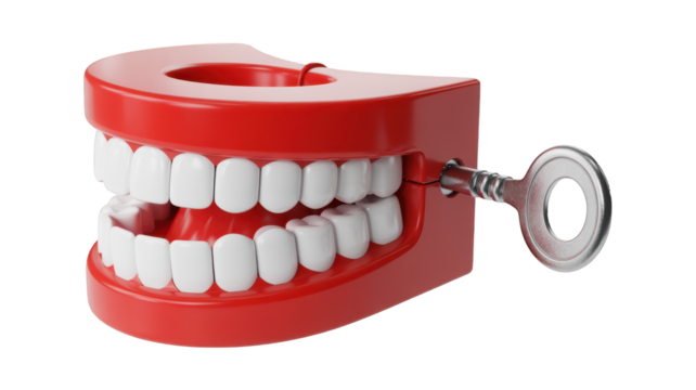 Red wind up chattering teeth with silver key isolated on a transparent background windup - Powered by Adobe