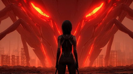 Fototapeta premium Cyberpunk Female Warrior Facing Giant Machines