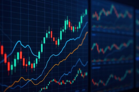 Financial Market Charts: A close-up shot reveals multiple financial market charts displayed on large screens, showcasing dynamic candlestick patterns and trend lines in vibrant green, red.