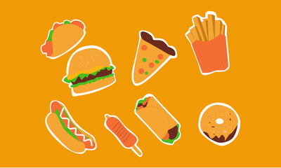Seamless fast food pattern including burgers, fries, pizza, and ice cream. Perfect for restaurant menus, packaging, or food-themed designs.