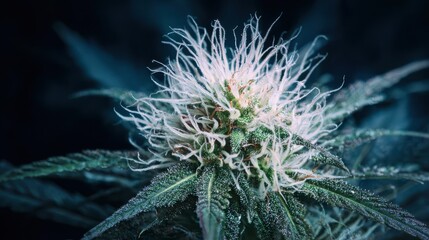 Closeup of Glowing Cannabis Bud with White Trichomes.