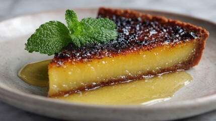 Close-Up of Lemon Tart with Burnt Sugar Crust and Mint Leaf.