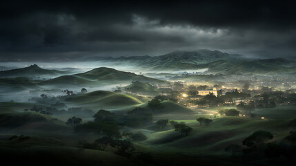 Obraz premium A foggy, misty night with a city in the distance