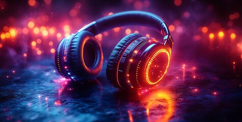 Futuristic headphones mockup with glowing LED lights on wet surface


