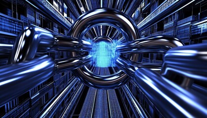 Digital Chain with Glowing Blue Core, Symbolizing Supply Chain Disruption and Global Netwo