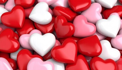 Fototapeta premium Overflowing pile of glossy red, pink, and white heart shaped candies