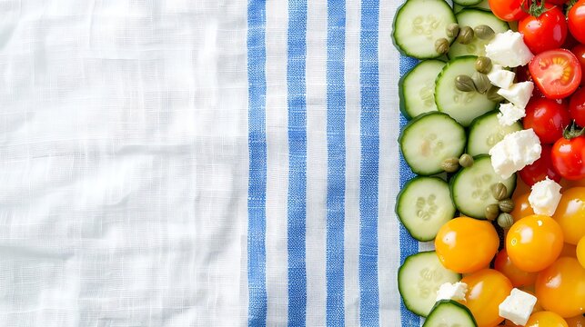 Fresh Salad Ingredients Overhead on Striped Cloth