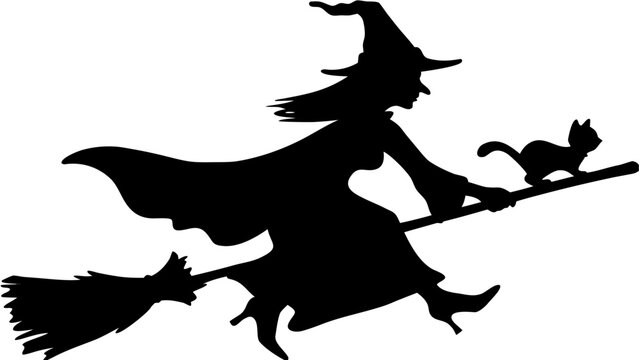 Silhouette of a witch with a pointy hat flying on a broomstick with a black cat on halloween night