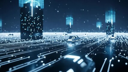 Futuristic cityscape with glowing vehicles navigating a digital highway under illuminated skyscrapers - Powered by Adobe