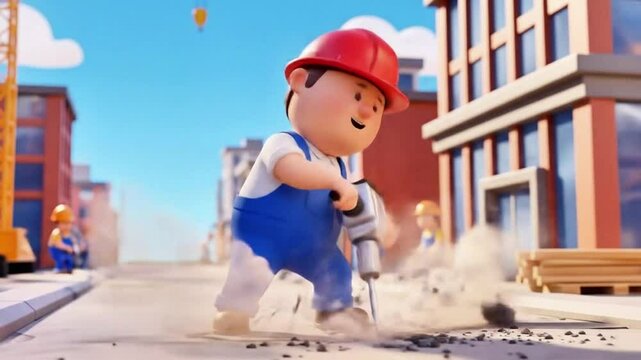 Construction worker animation: cute cartoon builder character with jackhammer in construction site