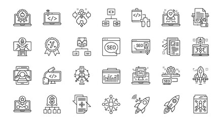 Collection of black and white seo and development related icons on transparent background , no background
