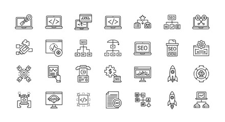 A collection of seo and web development icons in black and white line art on transparent background , no background