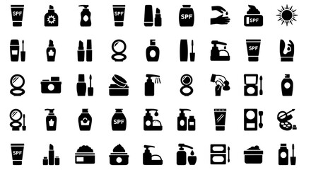 set of bottles , Collection of various black and white beauty and cosmetic products on transparent background , no background