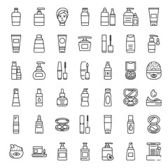 Outline illustration of various cosmetic and beauty product containers on transparent background , no background