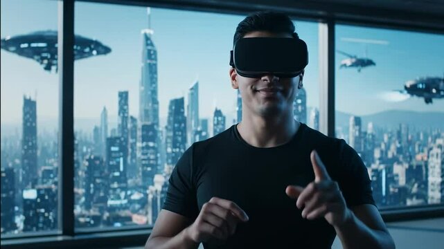 Software developer wearing vr headset interacting with futuristic metaverse