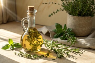 Infused olive oil with herbs rosemary thyme basil cooking gourmet food