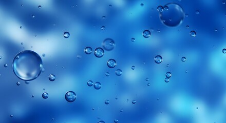 A blue background filled with various sized water droplets some with internal reflections