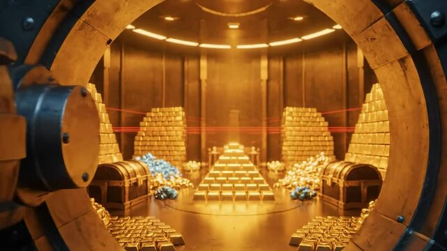 Bank vault door opening, revealing gold bars and treasure chests