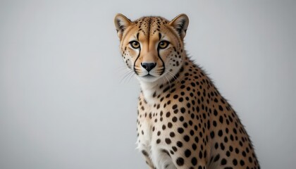 A cheetah sits facing forward showcasing its spotted fur and distinctive black tearlike markings The background is plain