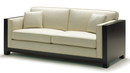 A white sofa with black legs and a black back