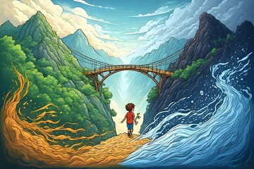 Young child stands before a bridge spanning a chasm, symbolizing a journey between contrasting natural elements.