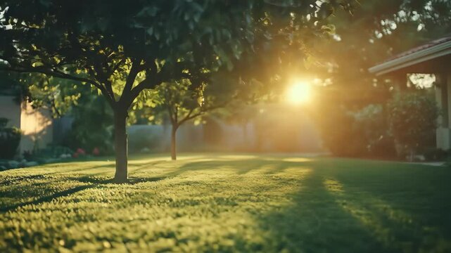 Peaceful sunny backyard lawn with trees and home in background.