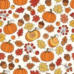 Autumn Harvest Seamless Pattern Pumpkins Leaves Acorns Berries