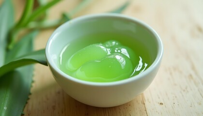 A white bowl filled with green gel sits next to green leaves on a wooden surface