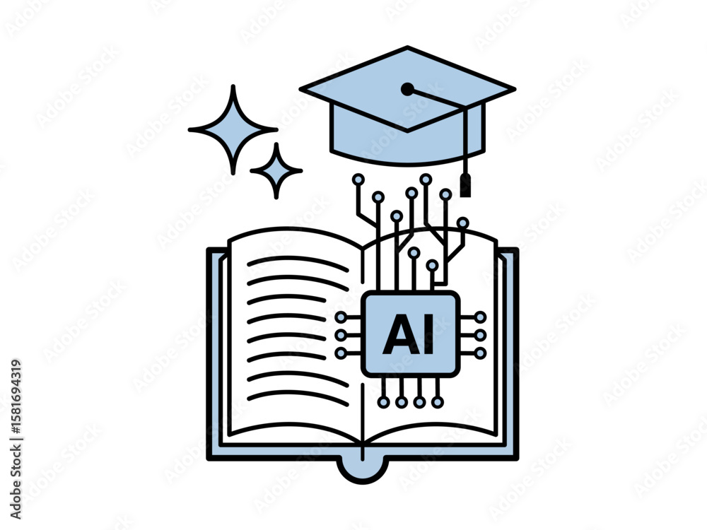Fototapete AI in Education. An illustration showing an open book with an AI chip, connected to a graduation cap, symbolizing smart learning and the future of education powered by artificial intelligence.