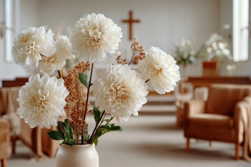 Obraz premium Authentic Religious History Day Church Altar with White Flowers and Cross, Premium Calm Spring Season Decor for Memorial and Easter Advertising Campaigns
