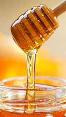 Golden Honey Dripping from Wooden Dipper into Glass Jar:  Close-up, Macro Photography, Sweet, Delicious, Natural Food.