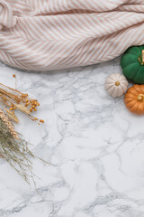 Decorative fall scene with dried plants, warm beige scarf and colorful pumpkins – top view arrangement for autumn celebration or blog design