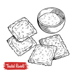 Hand drawing Toasted Ravioli illustration. Ravioli sketch food on white background