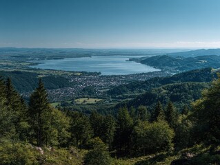 Naklejka premium Premium panoramic view of Bodensee lake with lush hills and towns, inspiring natural beauty for modern travel and lifestyle marketing campaigns