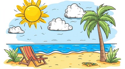 Summer Clipart Showcasing Beach Sun and Fun Representing Fun-filled Outdoor Activities Sunny Days and Beach Vacations for Summer Advertising Event Promotion and Travel Marketing