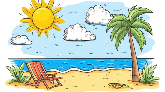 Summer Clipart Showcasing Beach Sun and Fun Representing Fun-filled Outdoor Activities Sunny Days and Beach Vacations for Summer Advertising Event Promotion and Travel Marketing